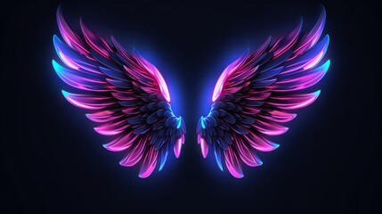 vibrant neon angel wings on uv geometric background - cyberspace futuristic concept in pink and blue lights - obrazy, fototapety, plakaty