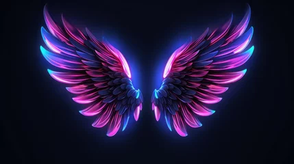 Fotobehang vibrant neon angel wings on uv geometric background - cyberspace futuristic concept in pink and blue lights © Ashi