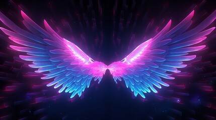 vibrant neon angel wings on uv geometric background - cyberspace futuristic concept in pink and blue lights - obrazy, fototapety, plakaty