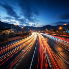 A city skyline with lights on a highway