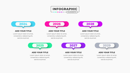 Vector timeline infographic design template with six steps or options
