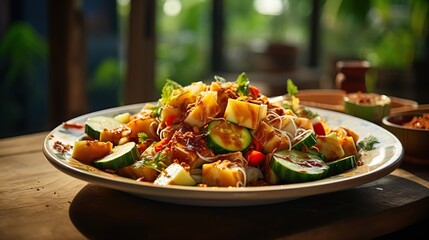 Rujak cingur is a typical regional food from Surabaya, Indonesia, made from vegetables and beef nose.generate A