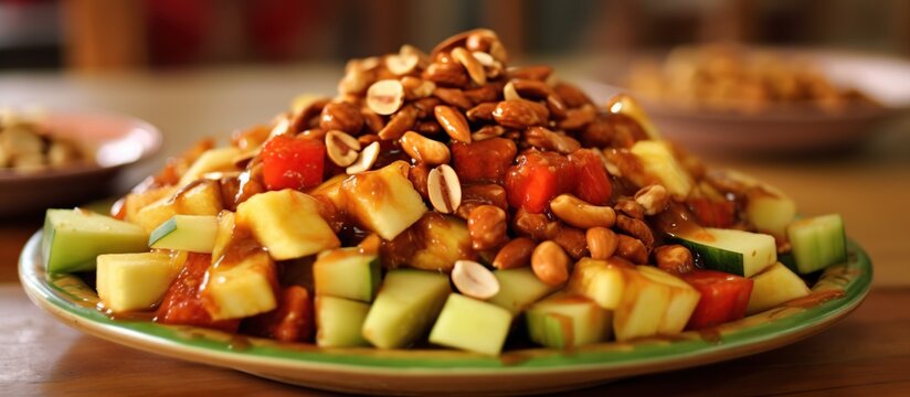 Rujak cingur is a typical regional food from Surabaya, Indonesia, made from vegetables and beef nose.generate A