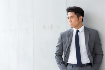 Business Elegance: Japanese Businessman in Business Suit Leaning Against White Wall
