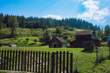 Wooden hotel in Carpathian mountains. Location: Zakarpattya region, Ukraine