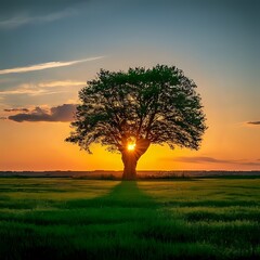 the scene of a tree in the middle of the field, the background of the sun is setting