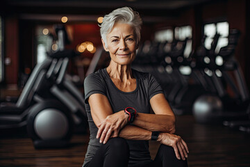A slender elderly woman in the gym.