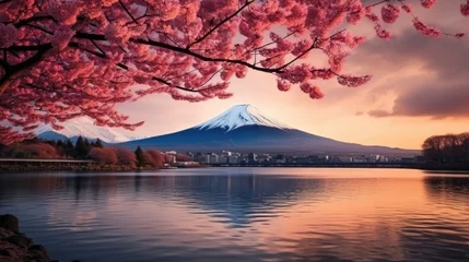 Door stickers Fuji landscape picture of mount fuji area with blooming pink Sakura or Cherry blossom beside clear river at Japan.