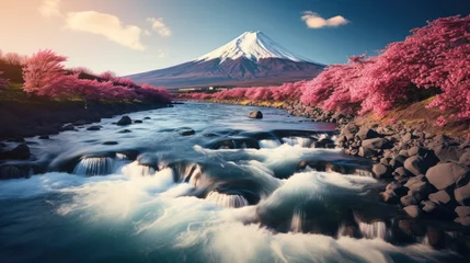 Poster landscape picture of mount fuji area with blooming pink Sakura or Cherry blossom beside clear river at Japan. © ANEK