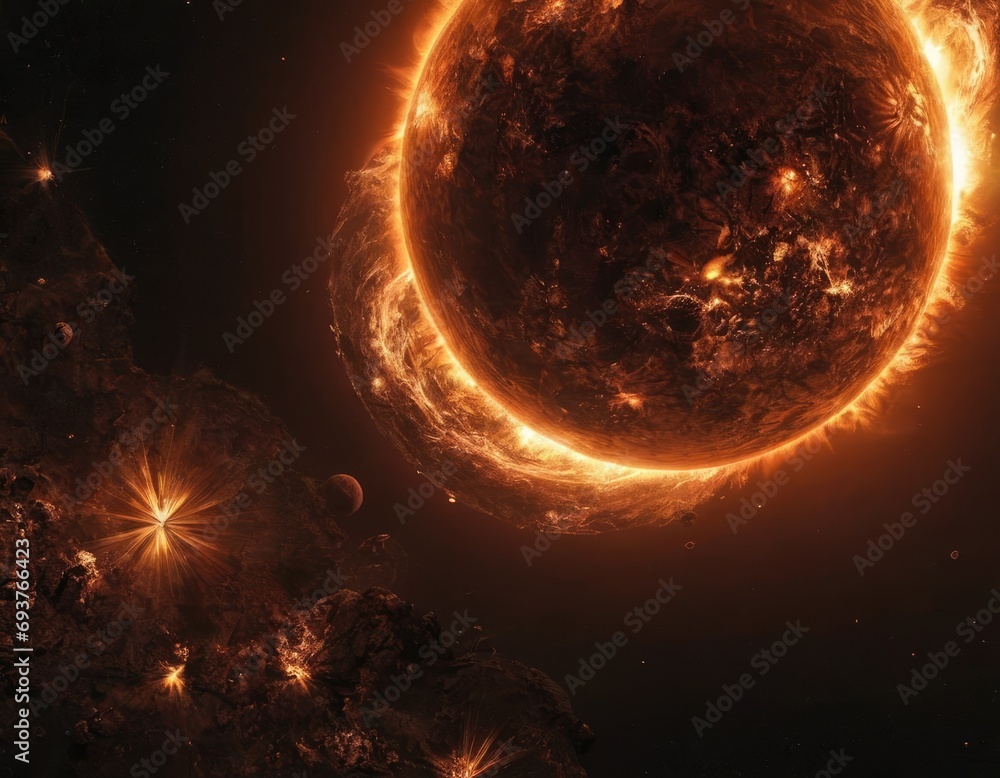 Canvas Prints black spots and fire splashes on the closeup view of the sun planet in space