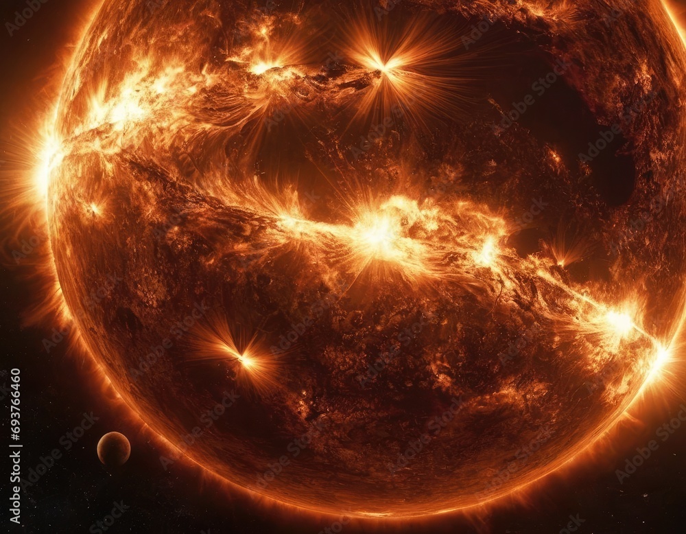 Wall mural fire splashes on the closeup view of the sun planet in space