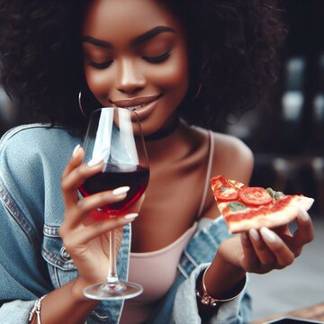 Woman with pizza and galss of red wine