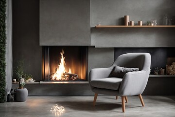 Grey chair near fireplace with shelves against a concrete wall. Modern living room interior design in a Scandinavian home