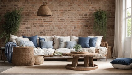  French country, farmhouse home interior design of modern living room. Wicker round coffee table near white sofa with blue pillows against beige brick wall with poster 