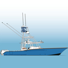 Fototapeta na wymiar Fishing boat side view, vector, Illustration and line-art
