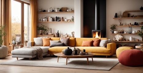The wooden storage units and fireplace are surrounded by a sofa and poufs. A trendy living room with Scandinavian interior design
 - obrazy, fototapety, plakaty
