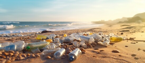 Spilled garbage on the beach of a big city on a sunset day. Empty used dirty plastic bottles, household rubbish.