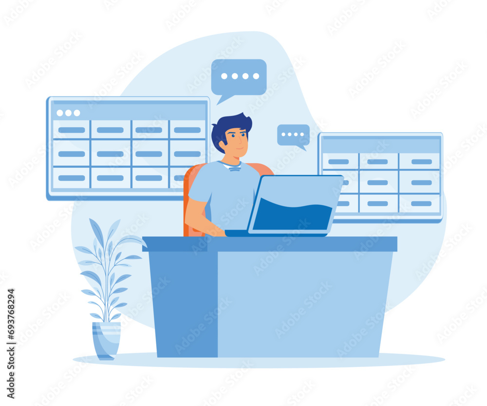 Poster man working with big data and databases, using laptop and excel tables. flat vector modern illustrat