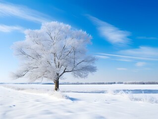 A lone tree in the middle of a snowy field. Winter landscape