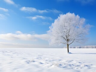 Fototapeta na wymiar A lone tree in the middle of a snowy field. Winter landscape