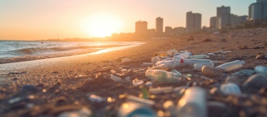 Spilled garbage on the beach of the big city. Empty used dirty plastic bottles. Empty used dirty plastic bottles.generate AI