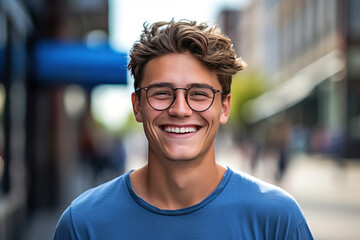 man with glasses on a blue background smiling at the camera - obrazy, fototapety, plakaty