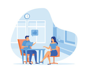  Job interview women. Job seeker and employer sit at the table and talk. flat vector modern illustration 