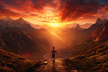 Obraz premium man running through the mountains on a beautiful sunset