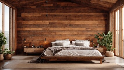 Fototapeta na wymiar The wall with reclaimed barn wood paneling and the wooden bed. modern bedroom with a loft interior design