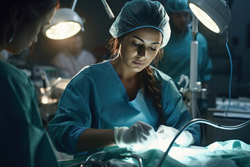 Female doctor in the operating room performing an operation - obrazy, fototapety, plakaty