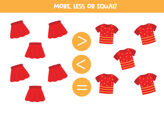 Grater, less or equal with cartoon cartoon red t shirt and red skirt.