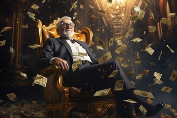 Wealthy old man sitting on golden chair with money flying around him - obrazy, fototapety, plakaty