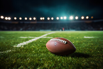 closeup of an American football ball on the grass of a stadium at night about to start a game -...