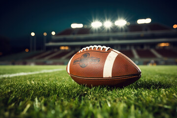 closeup of an American football ball on the grass of a stadium at night about to start a game - copyspace