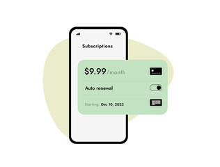 Monthly Subscription Auto-Renewal payment, renewal fee program. Concept with calendar and subscription automatic renewal interface. Recurring subscription management software. Vector illustration