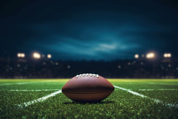 closeup of an American football ball on the grass of a stadium at night about to start a game - copyspace