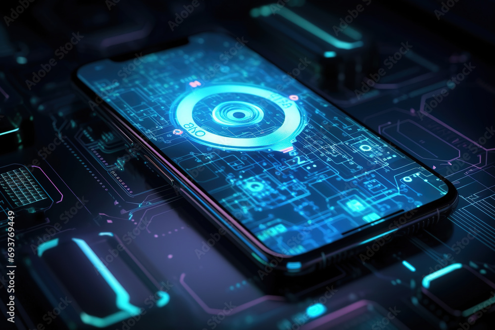 Poster close-up of a smartphone with a cyberspace environment with a padlock on its screen - privacy securi