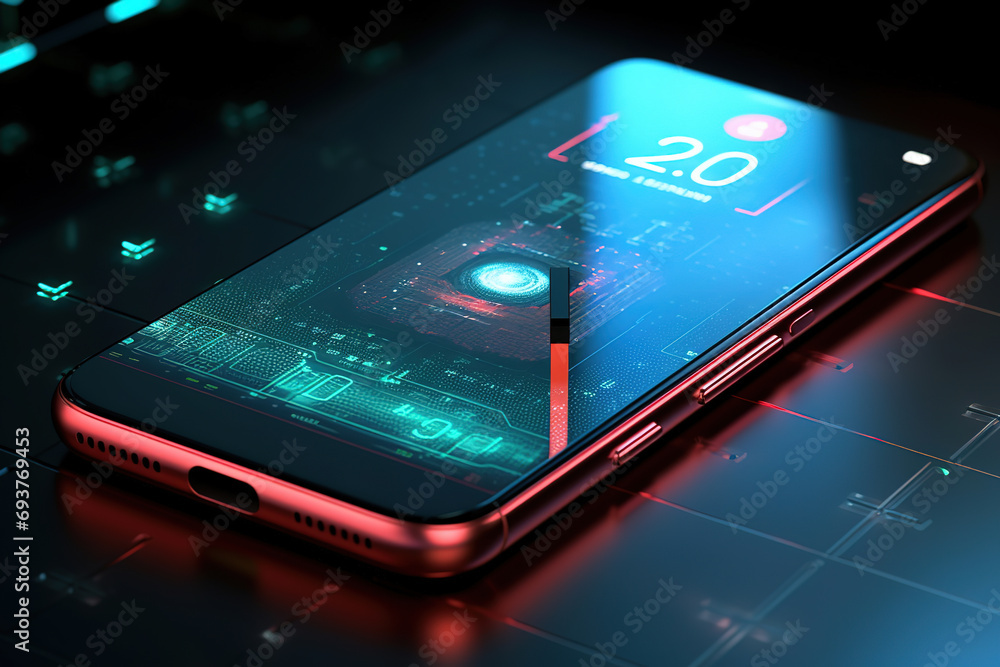 Poster close-up of a smartphone with a cyberspace environment with a padlock on its screen - privacy securi