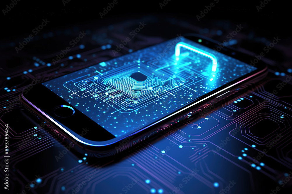 Poster close-up of a smartphone with a cyberspace environment with a padlock on its screen - privacy securi