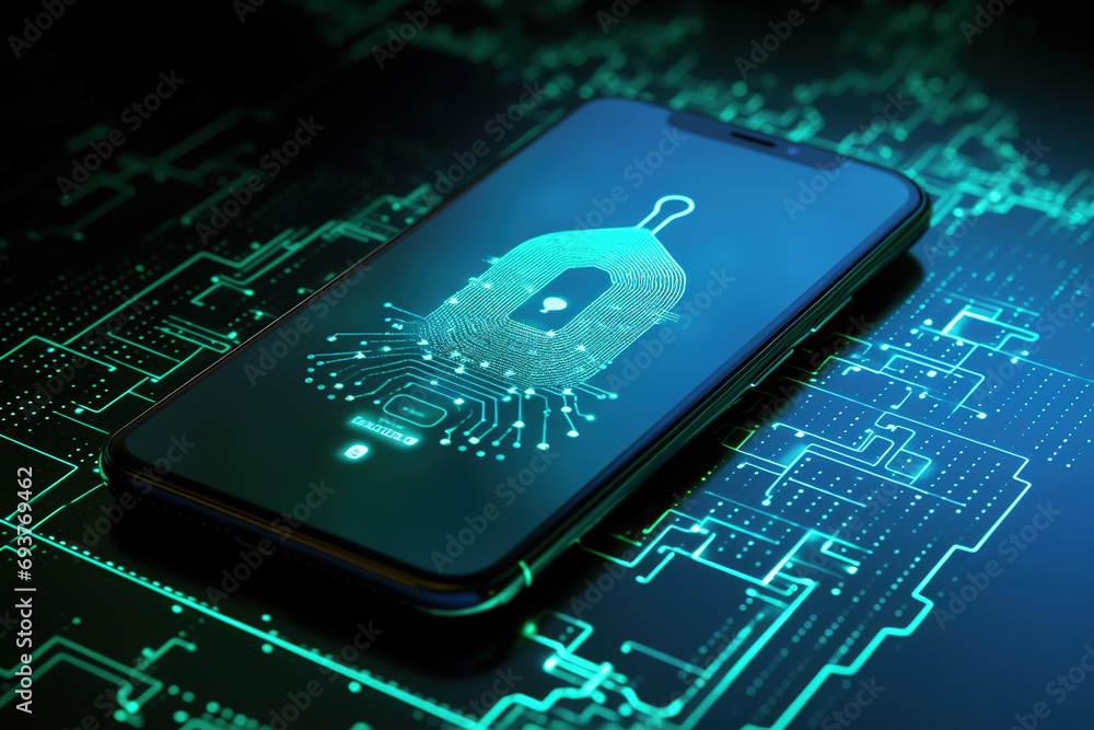 Poster close-up of a smartphone with a cyberspace environment with a padlock on its screen - privacy securi