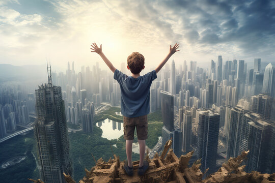 boy with arms outstretched on top of a skyscraper watching the city in the background - concept of achieving goals and learning life lessons in childhood