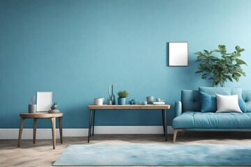 blue,whiteand black interior design with hall wall is painted in 3d design of silky cloth with wall painting hanging in the wall 