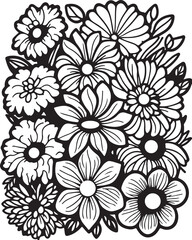 Design for coloring book. Beautiful wildflowers, lilies, roses and daisies on whole screen. Antistress or entertainment for adults and children. Cartoon flat vector illustration in linear style