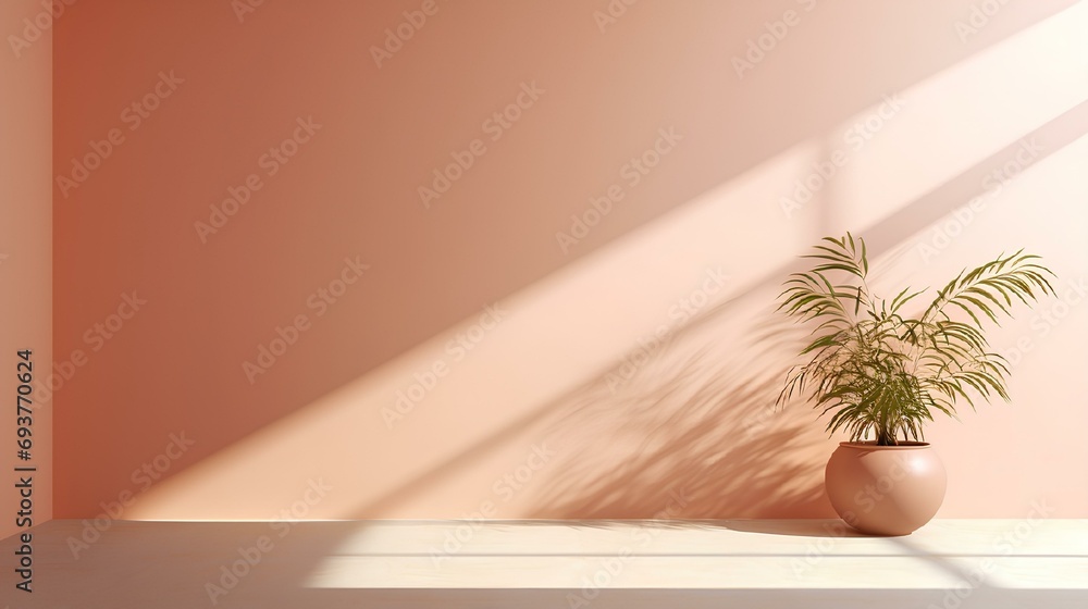 Poster a blurred shadow from plants or a shadow from a window on a peach wall. minimal abstract background 