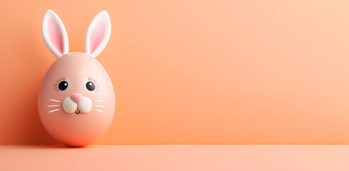 Fototapeta na wymiar A light Easter egg in the shape of an Easter bunny's head on a peach background.