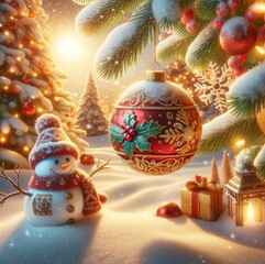 Christmas tree decorations on snow