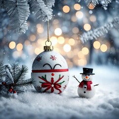Christmas background with snowman and balls