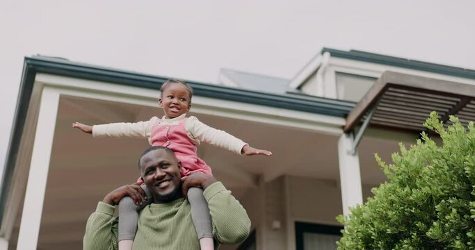 Father, airplane or child playing in new home as a black family on real estate with love, smile or care. Piggyback, flying or kid with a happy dad on property in relocation together in dream house