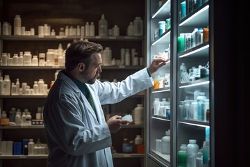 Photo of a professional pharmacist checking stock in the storage room. Generative AI