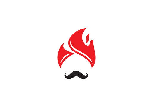 mustache turban with fire logo, indian food restaurant symbol icon design